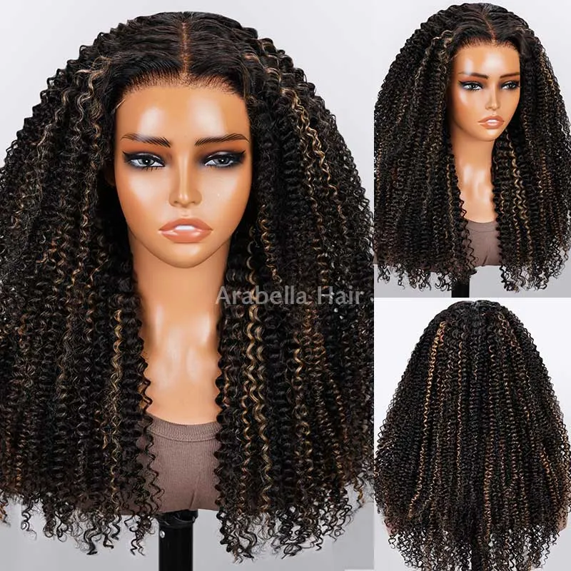 13x4 Lace Front Afro Curly Highlight #27 Colored Bleached Knots Free Part Human Hair Wigs