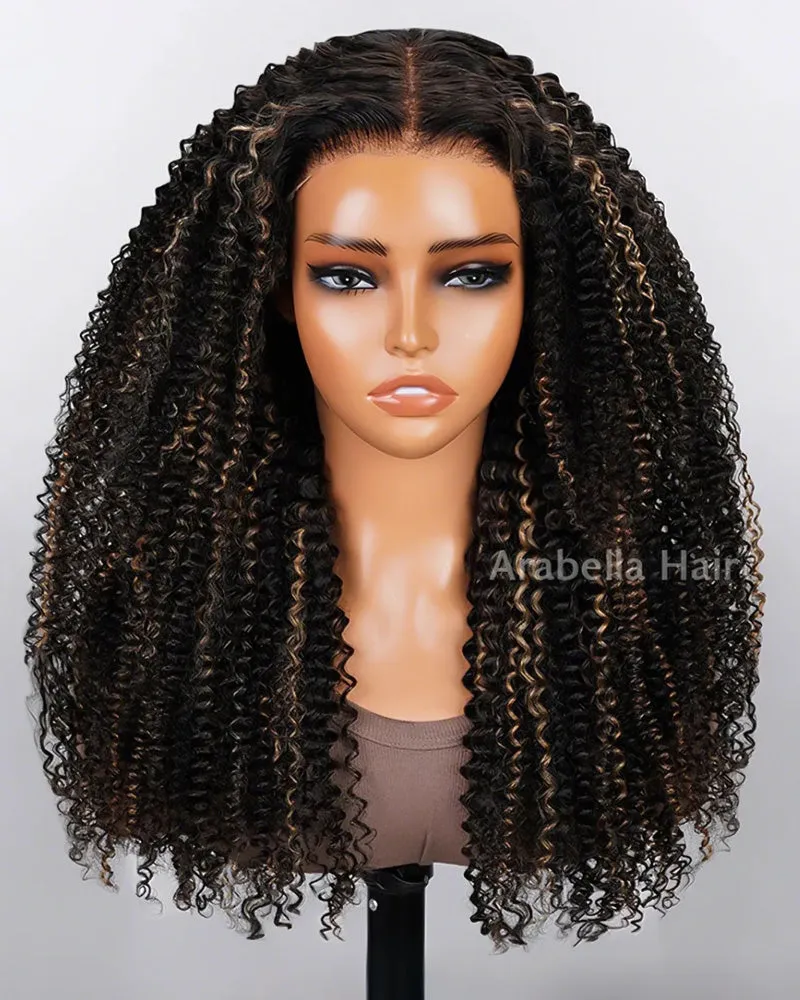 13x4 Lace Front Afro Curly Highlight #27 Colored Bleached Knots Free Part Human Hair Wigs