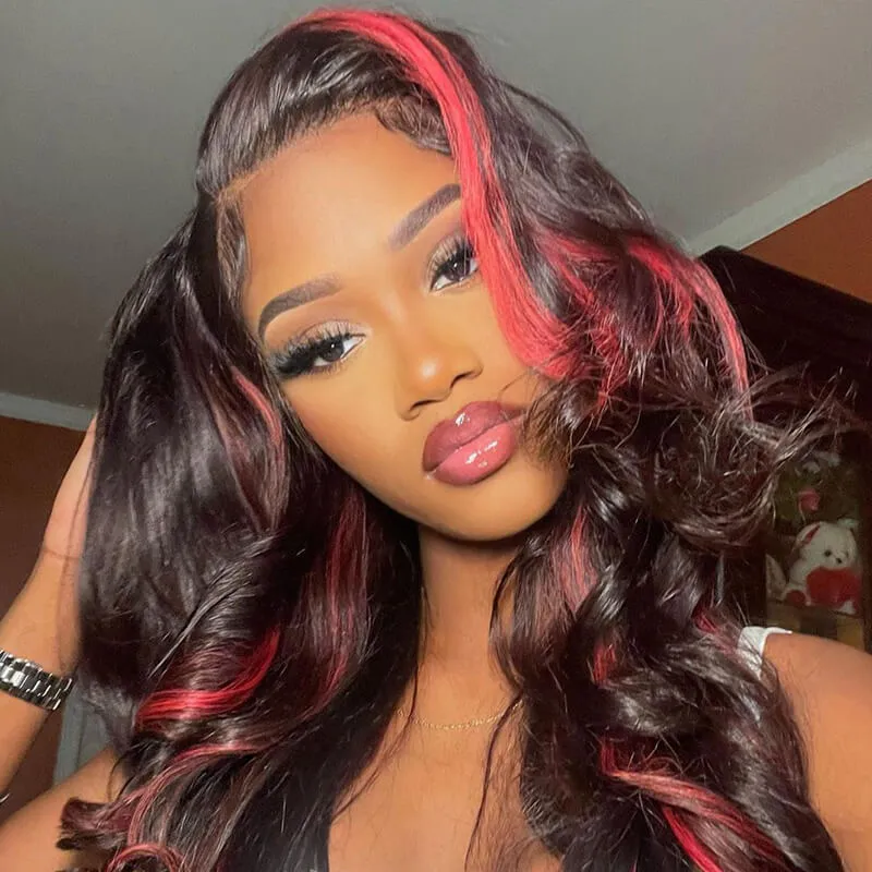 13x4 Lace Front Body Wave Dark Burgundy Rose Red Highlights Human Hair Free Part Wig