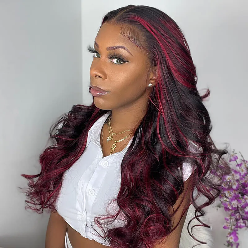13x4 Lace Front Body Wave Dark Burgundy Rose Red Highlights Human Hair Free Part Wig