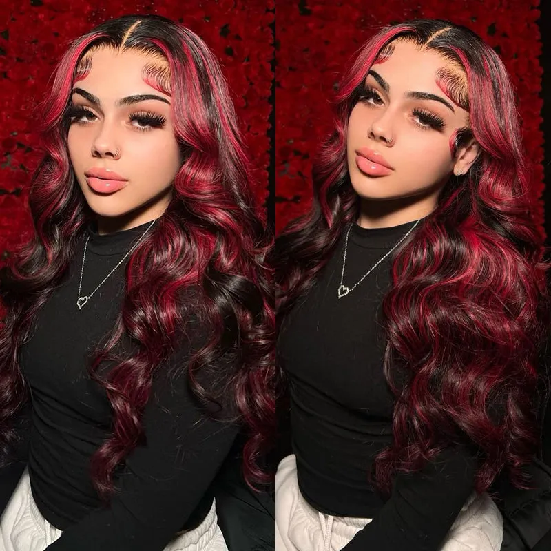 13x4 Lace Front Body Wave Dark Burgundy Rose Red Highlights Human Hair Free Part Wig