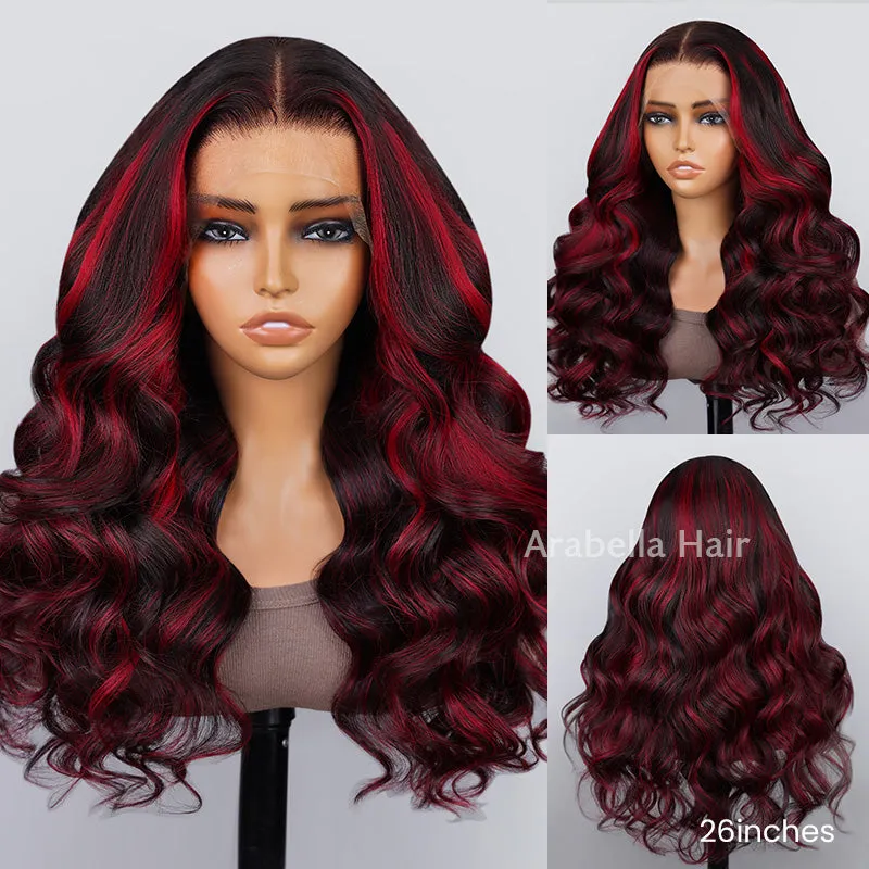 13x4 Lace Front Body Wave Dark Burgundy Rose Red Highlights Human Hair Free Part Wig