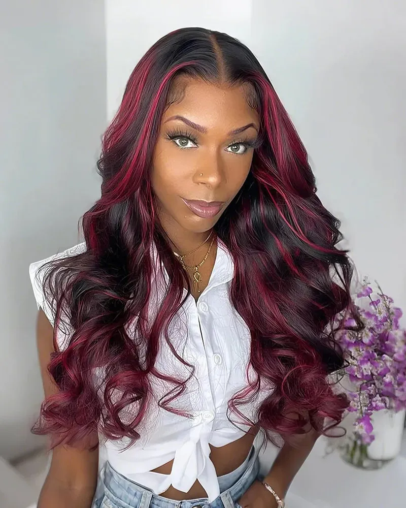 13x4 Lace Front Body Wave Dark Burgundy Rose Red Highlights Human Hair Free Part Wig