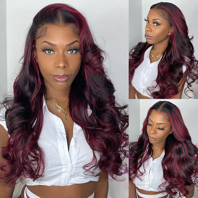 13x4 Lace Front Body Wave Dark Burgundy Rose Red Highlights Human Hair Free Part Wig