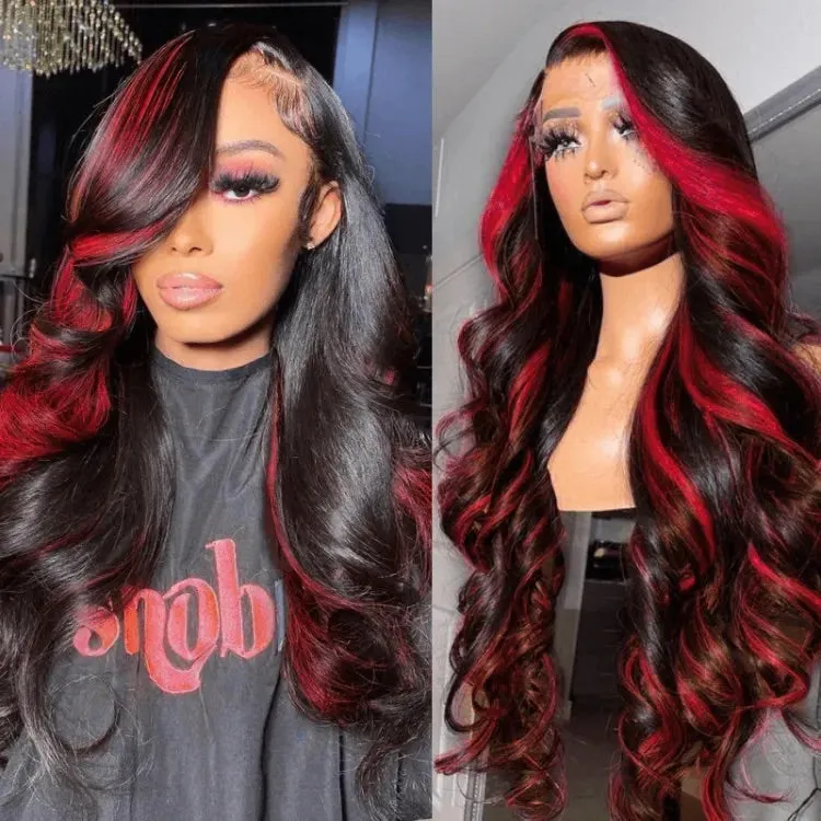 13x4 Lace Front Body Wave Dark Burgundy Rose Red Highlights Human Hair Free Part Wig