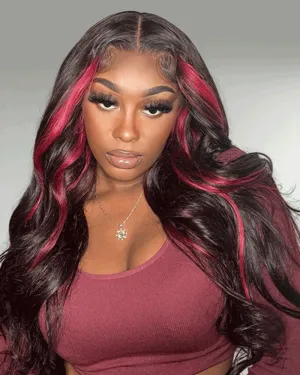 13x4 Lace Front Body Wave Dark Burgundy Rose Red Highlights Human Hair Free Part Wig