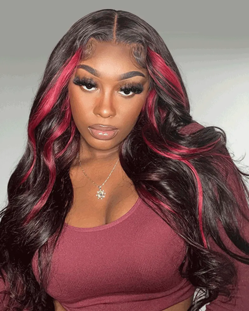 13x4 Lace Front Body Wave Dark Burgundy Rose Red Highlights Human Hair Free Part Wig