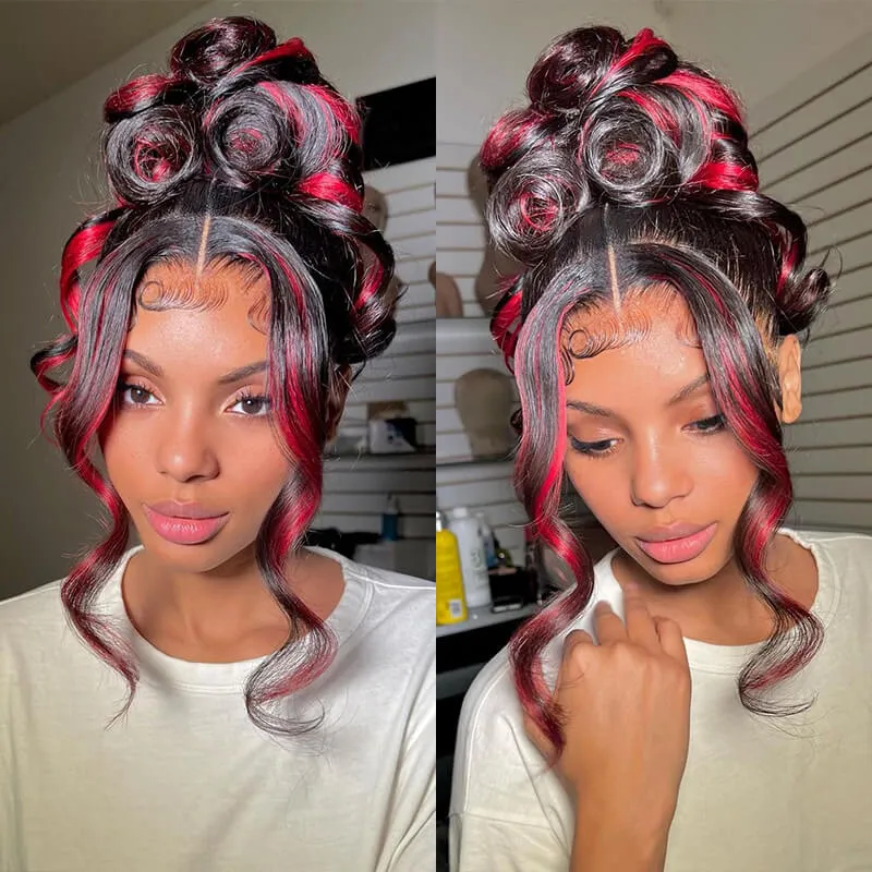 13x4 Lace Front Body Wave Dark Burgundy Rose Red Highlights Human Hair Free Part Wig