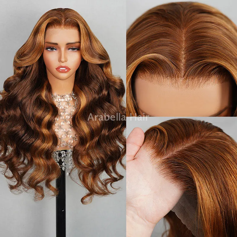 13x4 Lace Front Dark Brown With #30 Highlight Color Body Wave Bleached Knots Human Hair Wigs