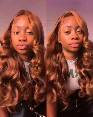 13x4 Lace Front Dark Brown With #30 Highlight Color Body Wave Bleached Knots Human Hair Wigs