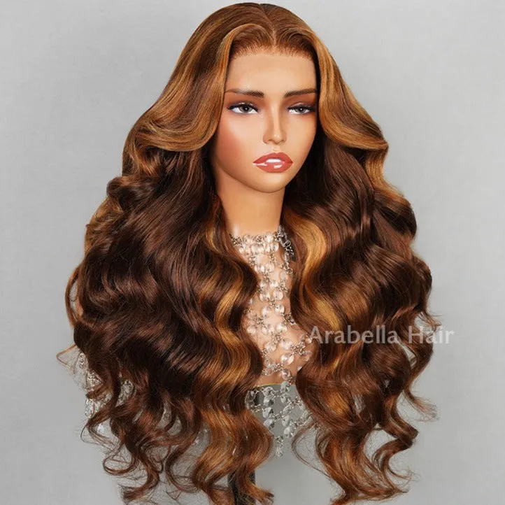 13x4 Lace Front Dark Brown With #30 Highlight Color Body Wave Bleached Knots Human Hair Wigs