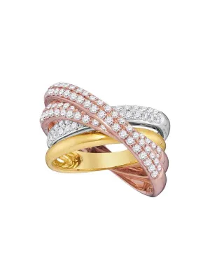 14kt Tri-Tone Gold Womens Round Diamond Fashion Crossover Band Ring 1-1/4 Cttw