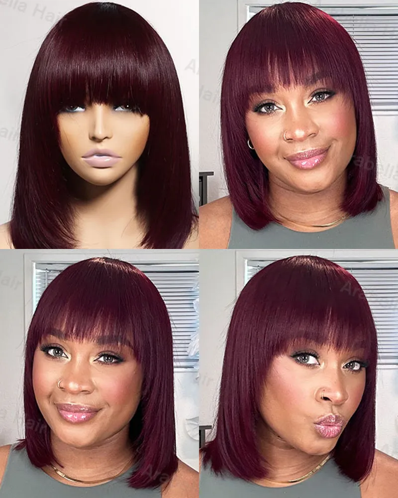 14" V-Part Deep Curly Bob Wig   12" Reddish Purple Burgundy Layered Straight Wig With Bangs