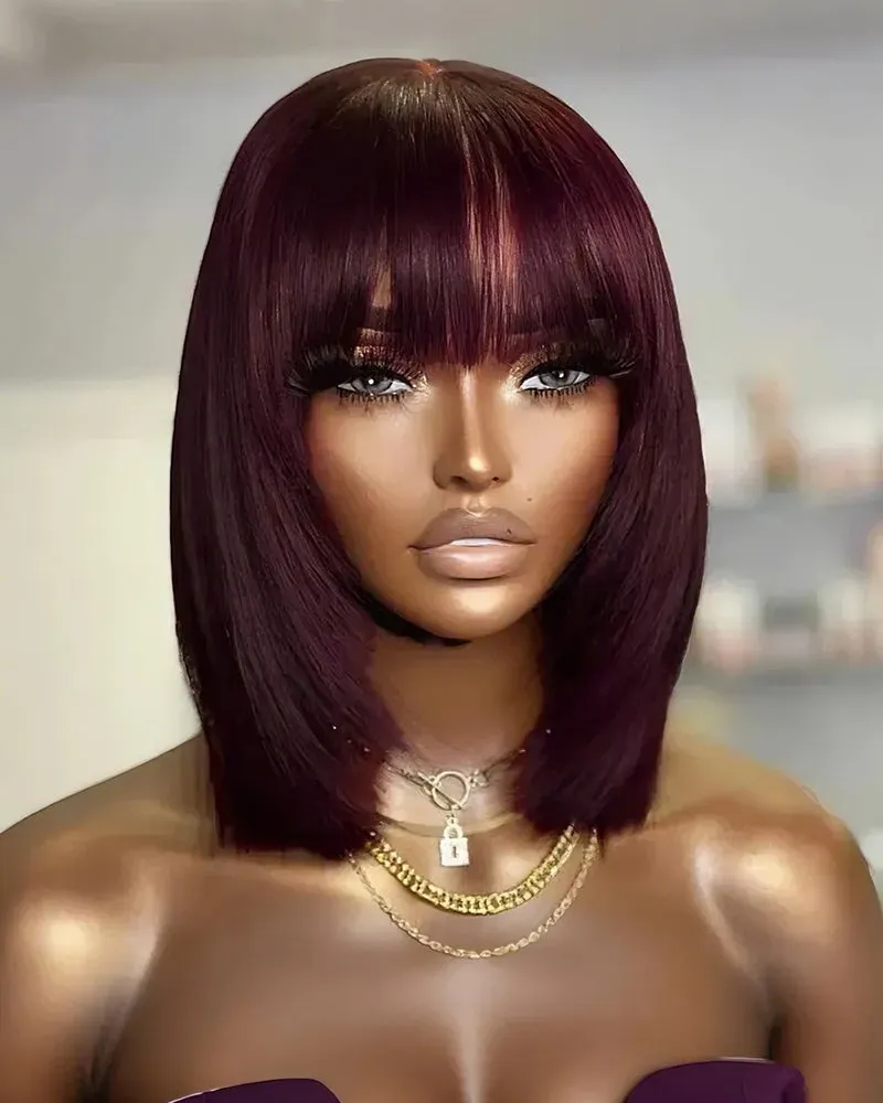 14" V-Part Deep Curly Bob Wig   12" Reddish Purple Burgundy Layered Straight Wig With Bangs