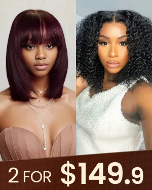 14" V-Part Deep Curly Bob Wig   12" Reddish Purple Burgundy Layered Straight Wig With Bangs