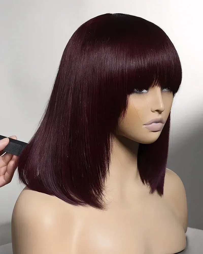 14" V-Part Deep Curly Bob Wig   12" Reddish Purple Burgundy Layered Straight Wig With Bangs