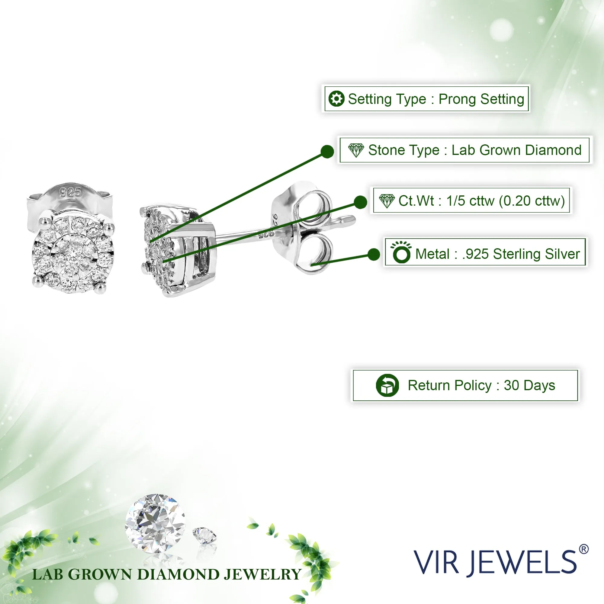 1/5 cttw Lab Grown Diamond Stud Earrings in .925 Sterling Silver