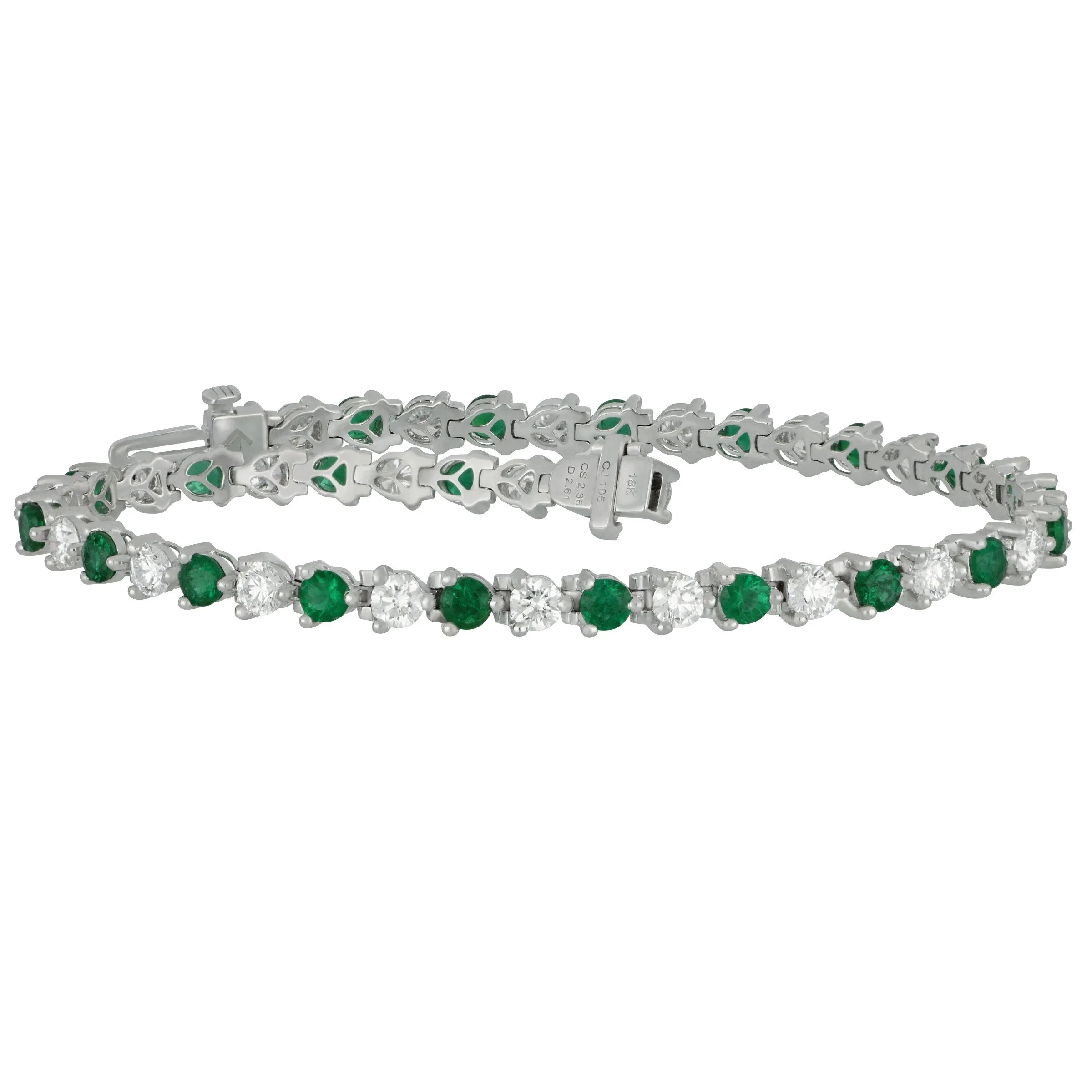 18k White Gold Three-Prong Alternating Emerald and Diamond Signature Bracelet 7", EM=2.36tw D=2.61tw