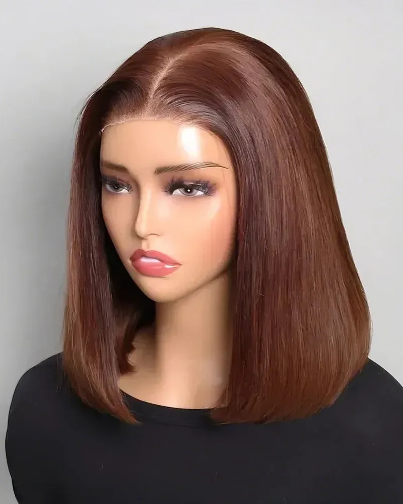 18" V-Part Body Wave Human Hair Wig   12" Chestnut Brown 6x5 Lace Straight Bob Wig