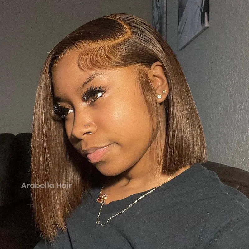 18" V-Part Body Wave Human Hair Wig   12" Chestnut Brown 6x5 Lace Straight Bob Wig