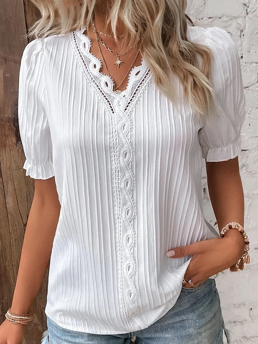 💥2025 New Arrival Pre-Sale✨V Neck Plain Lace Elegant Shirt