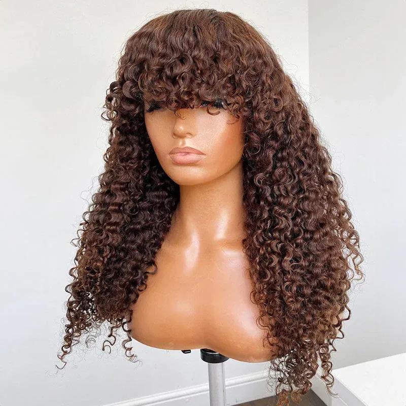 #4 Dark Brown Colored Afro Kinky Curly Wig With Bangs Full Machine Made Wigs Remy Hair