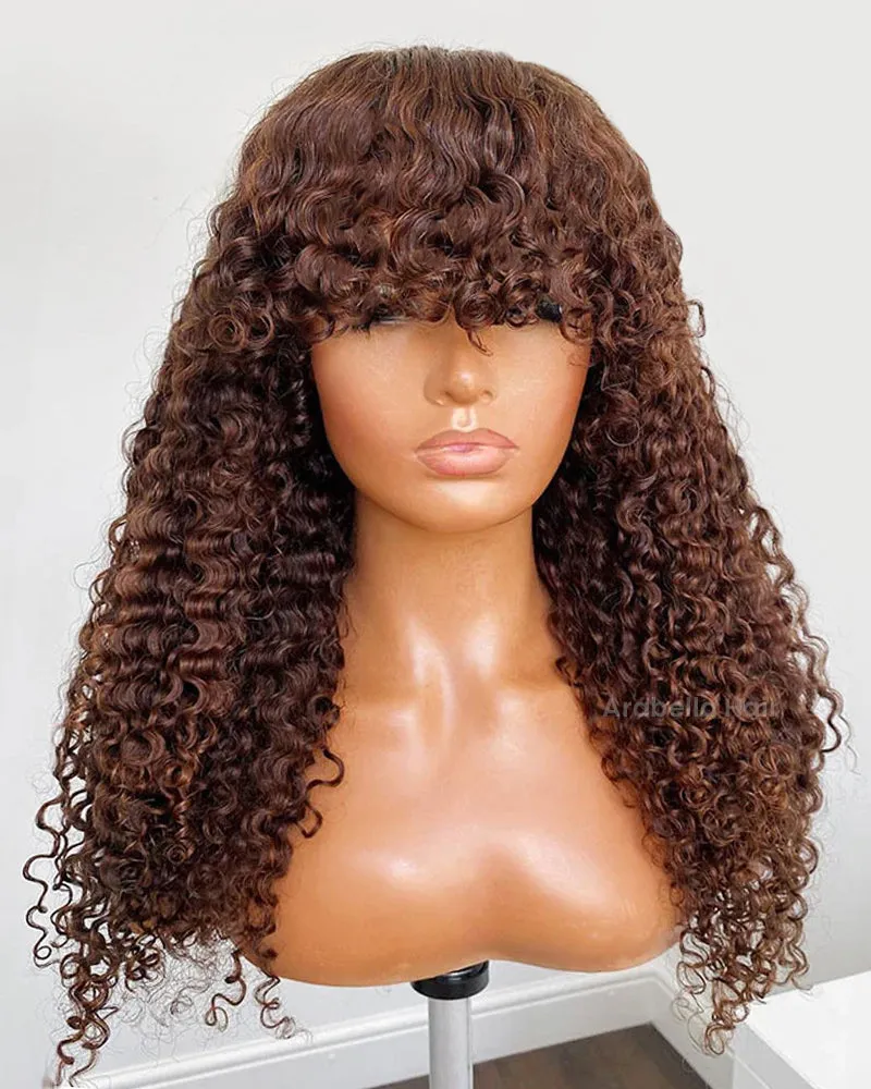 #4 Dark Brown Colored Afro Kinky Curly Wig With Bangs Full Machine Made Wigs Remy Hair