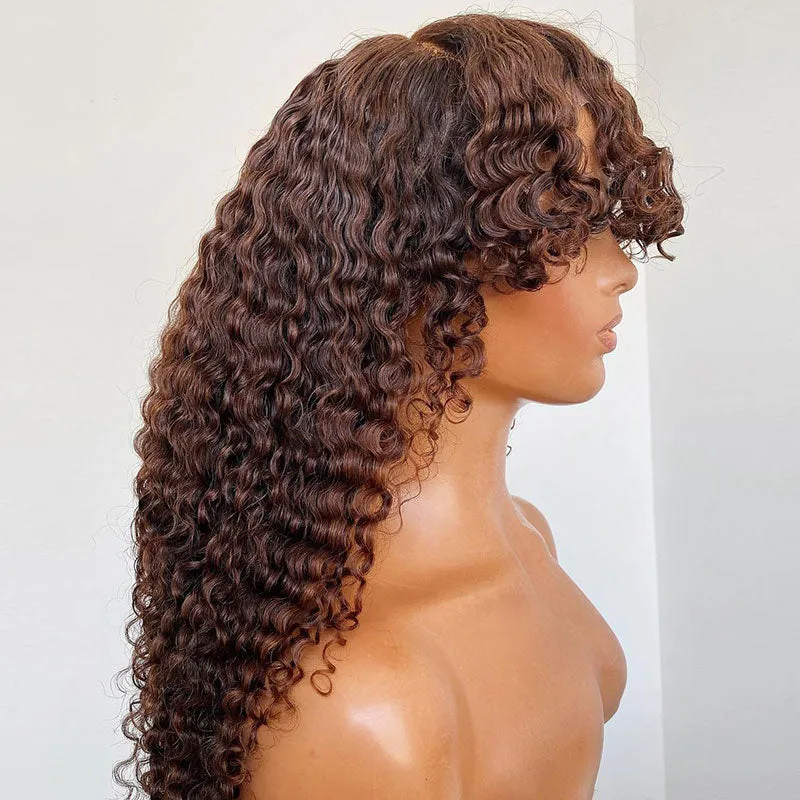 #4 Dark Brown Colored Afro Kinky Curly Wig With Bangs Full Machine Made Wigs Remy Hair
