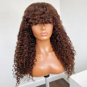 #4 Dark Brown Colored Afro Kinky Curly Wig With Bangs Full Machine Made Wigs Remy Hair