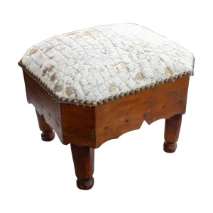 Antique French Wood Petit Foot Stool with Gold Splatter Embossed Cowhide Top
