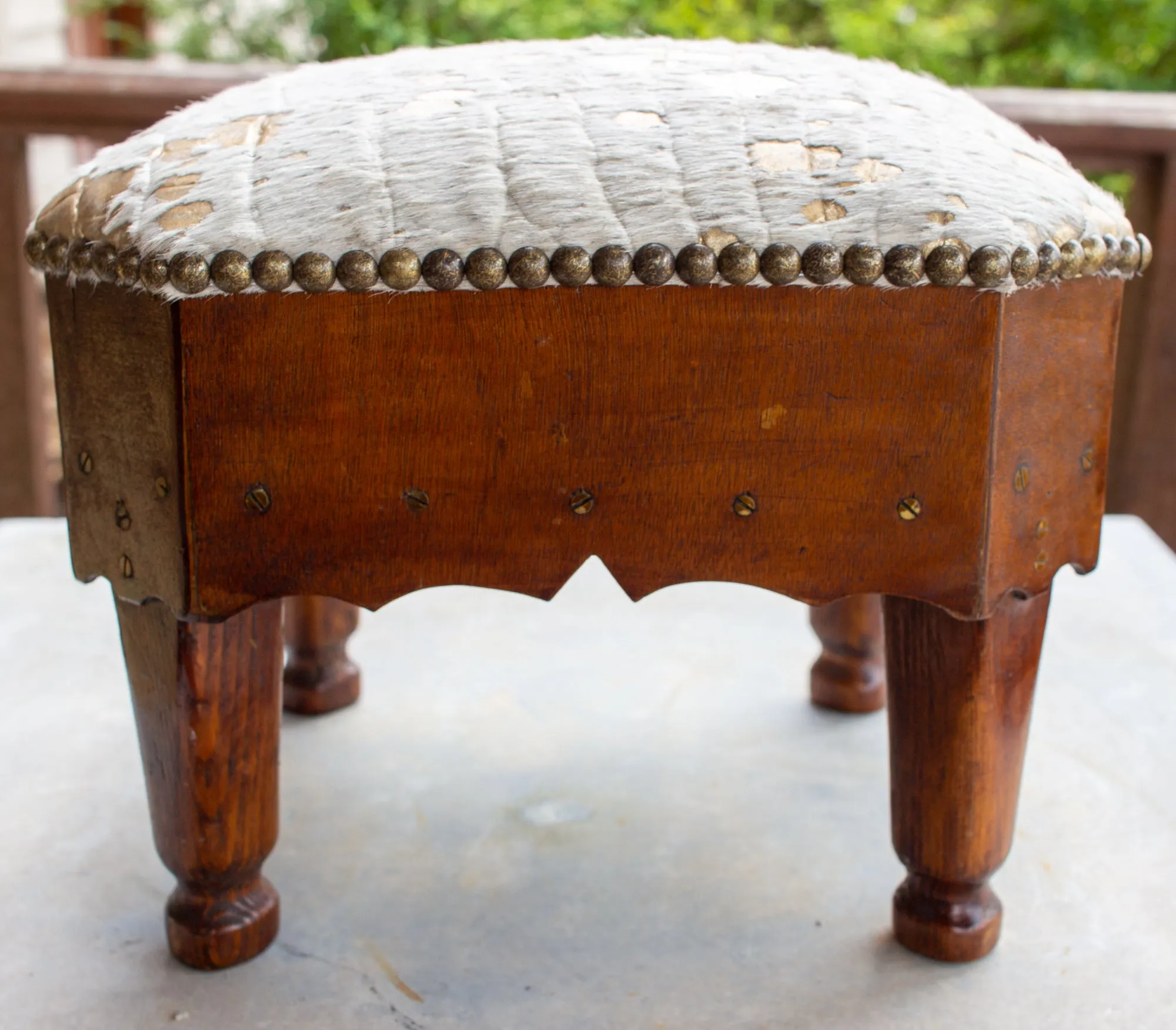 Antique French Wood Petit Foot Stool with Gold Splatter Embossed Cowhide Top
