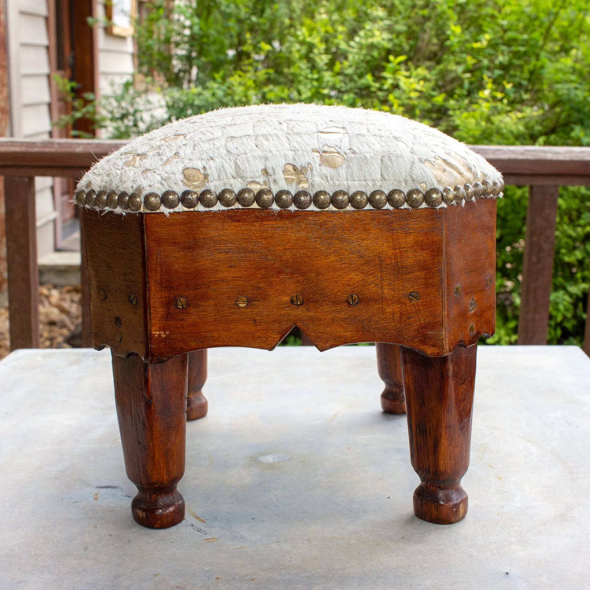 Antique French Wood Petit Foot Stool with Gold Splatter Embossed Cowhide Top
