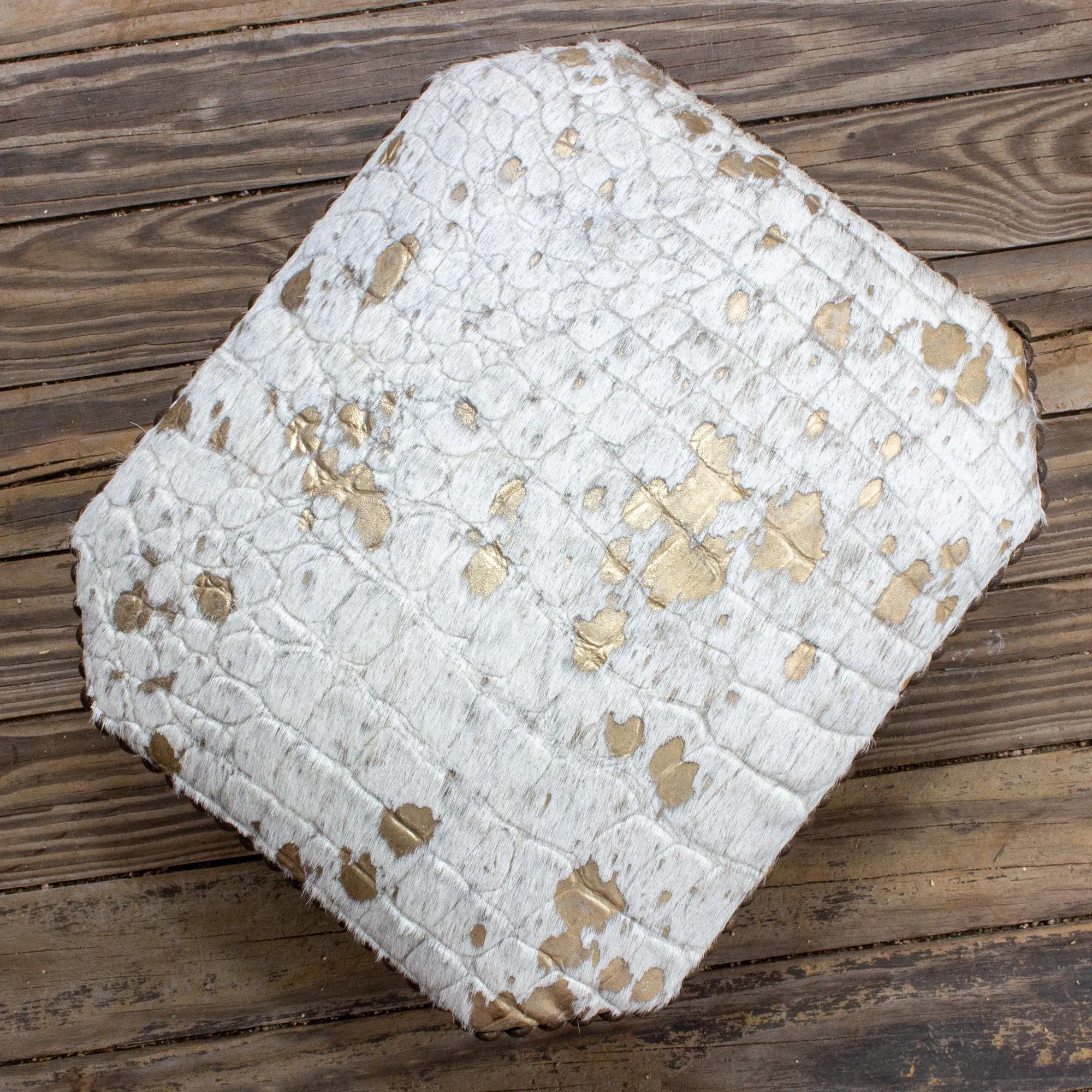 Antique French Wood Petit Foot Stool with Gold Splatter Embossed Cowhide Top