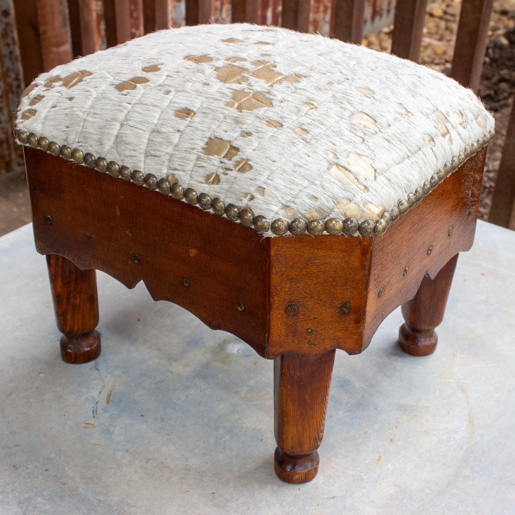 Antique French Wood Petit Foot Stool with Gold Splatter Embossed Cowhide Top