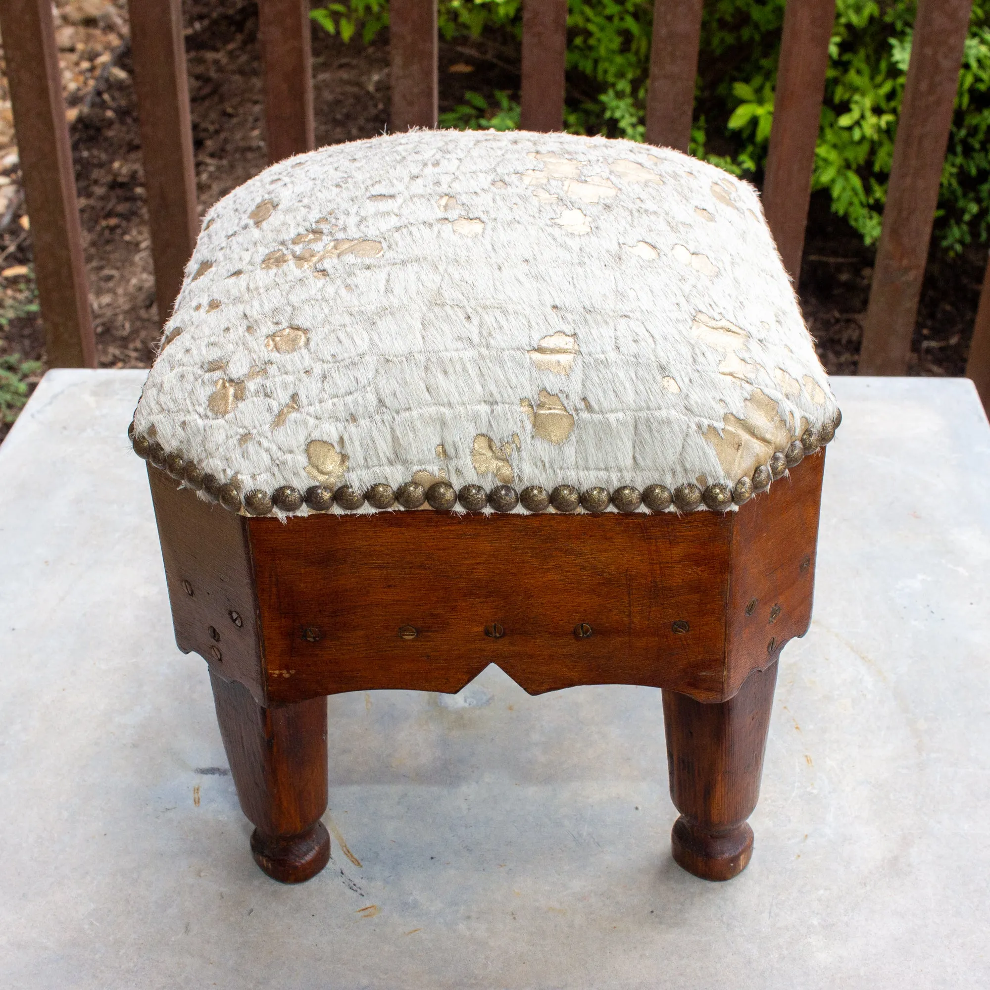 Antique French Wood Petit Foot Stool with Gold Splatter Embossed Cowhide Top