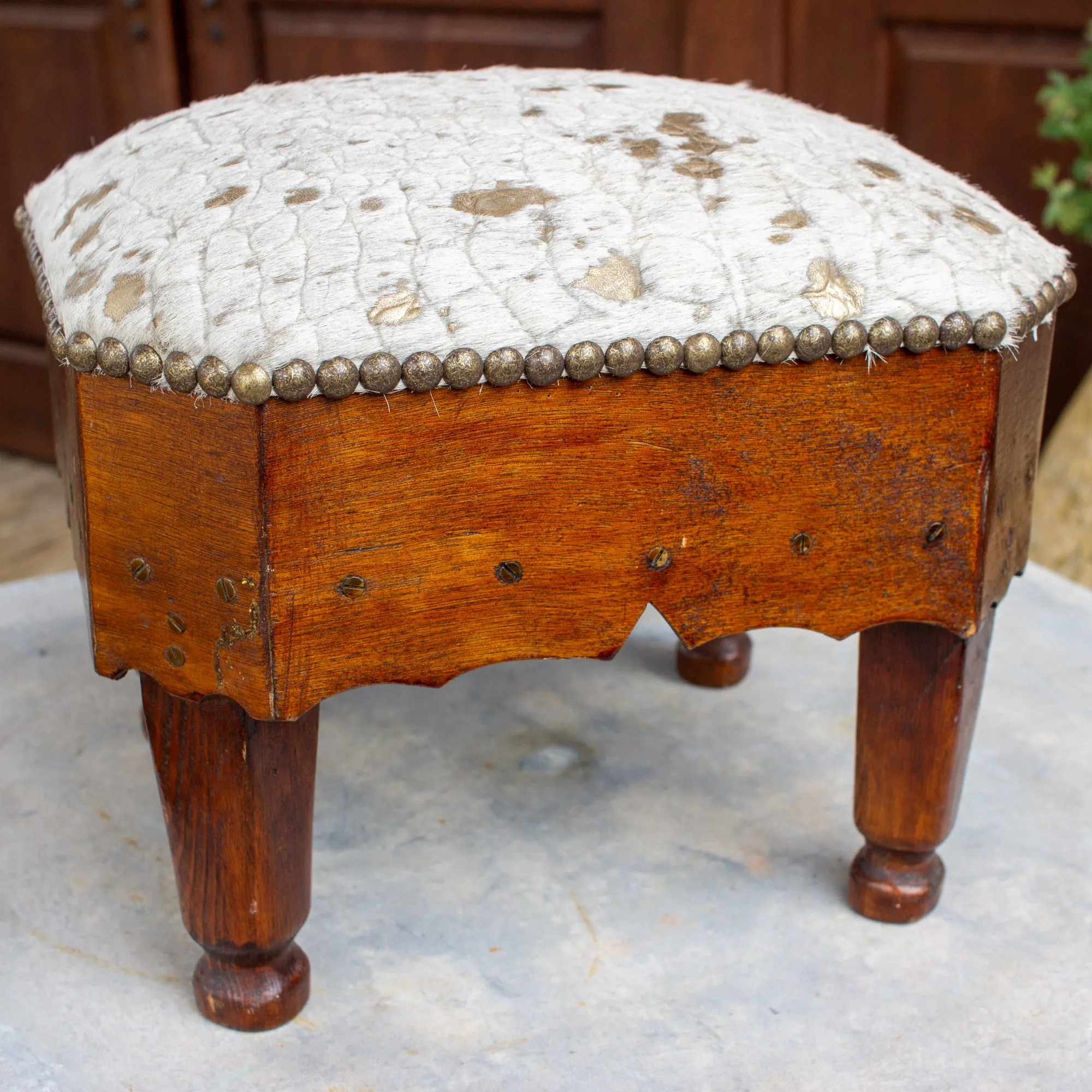 Antique French Wood Petit Foot Stool with Gold Splatter Embossed Cowhide Top