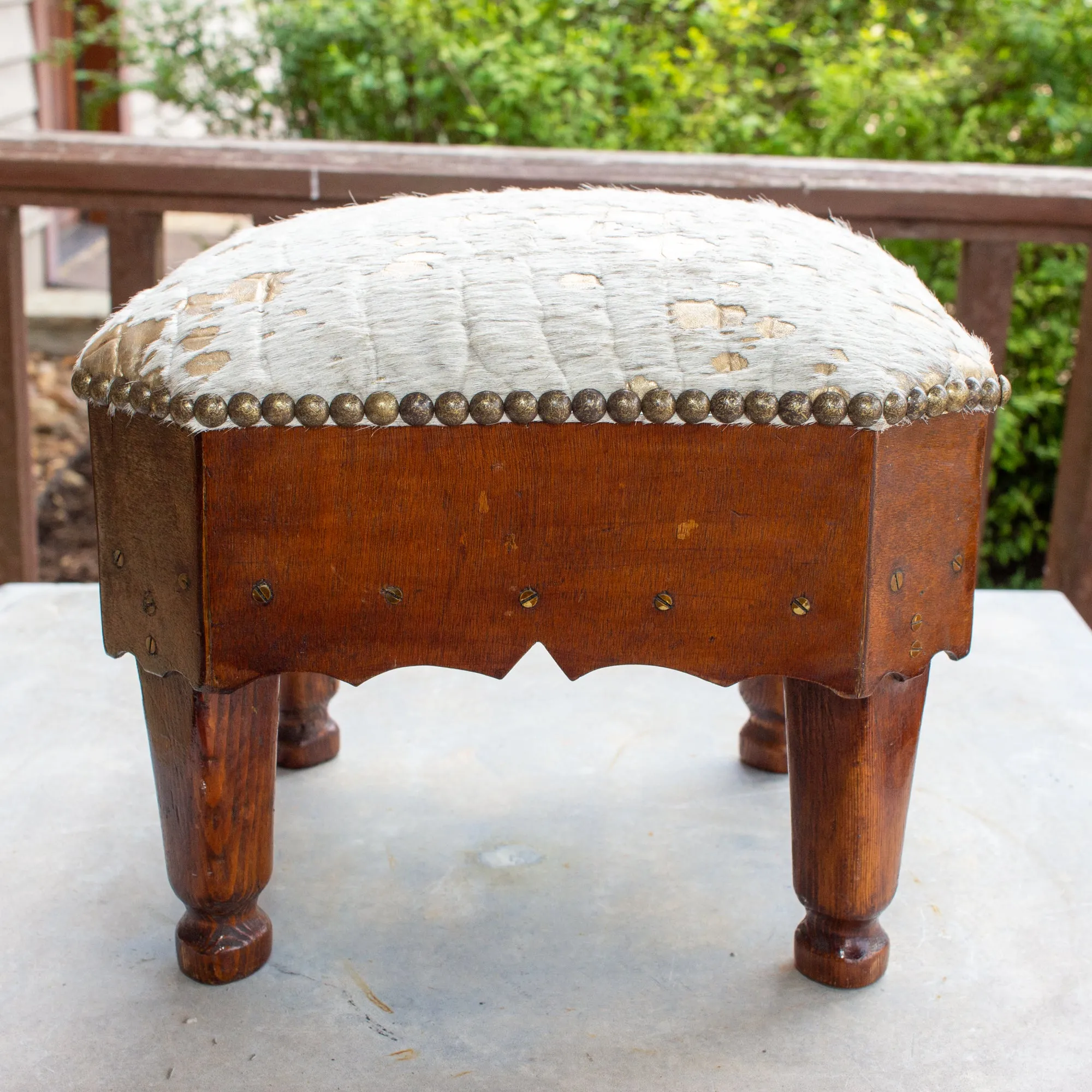 Antique French Wood Petit Foot Stool with Gold Splatter Embossed Cowhide Top