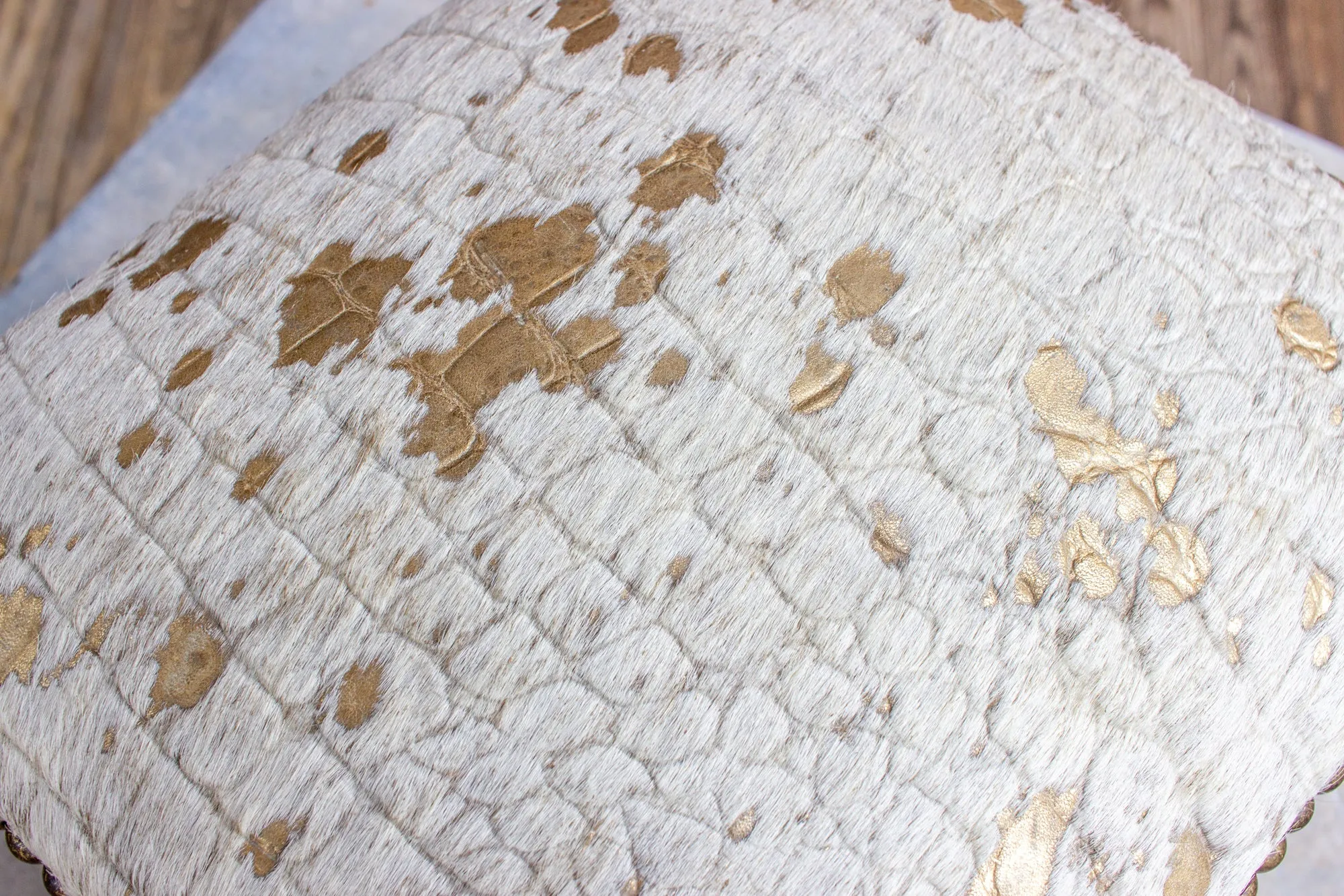 Antique French Wood Petit Foot Stool with Gold Splatter Embossed Cowhide Top