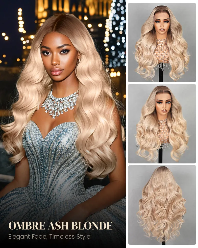 Ash Blonde with Dark Roots Ombre Color Blowout In Wavy13x4 Lace Front Human Hair Wig Free Part