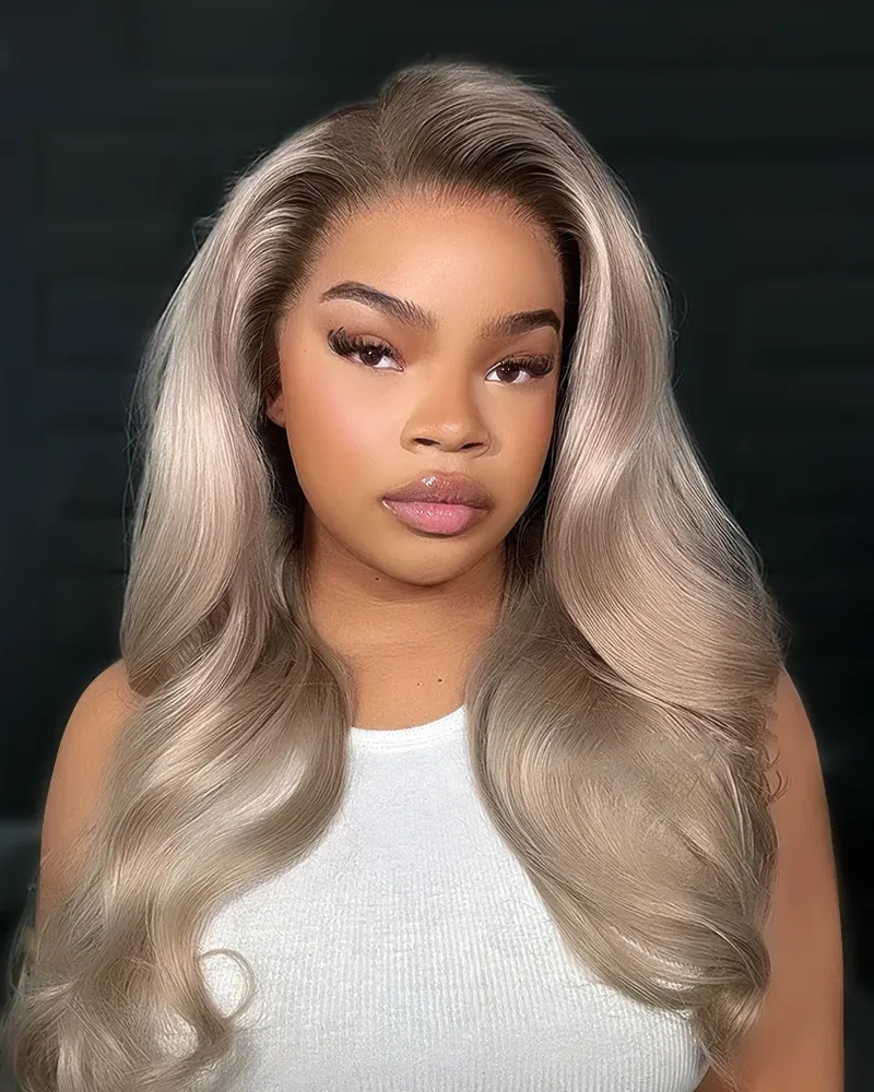 Ash Blonde with Dark Roots Ombre Color Blowout In Wavy13x4 Lace Front Human Hair Wig Free Part