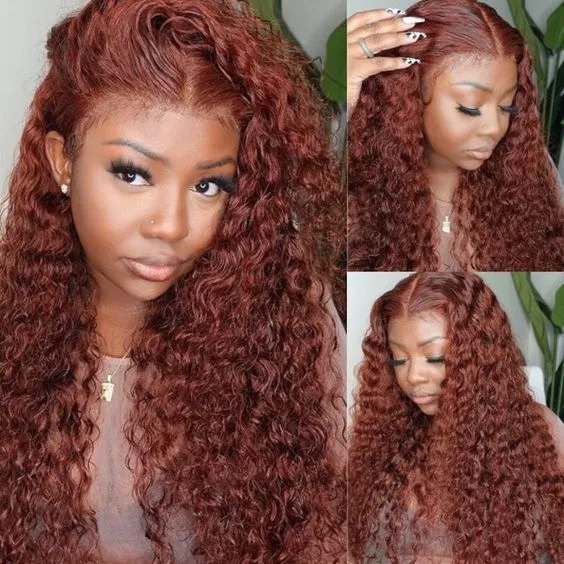 Auburn Reddish Brown Copper #33B Water Wave Curly 13x4 Lace Front Human Hair Wig