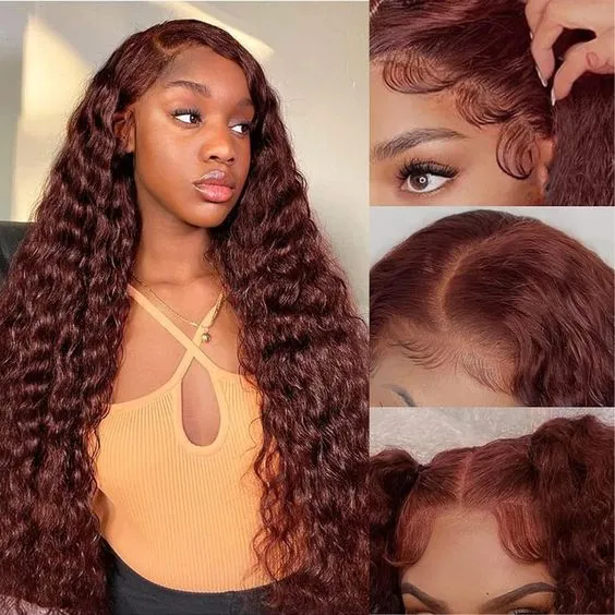 Auburn Reddish Brown Copper #33B Water Wave Curly 13x4 Lace Front Human Hair Wig