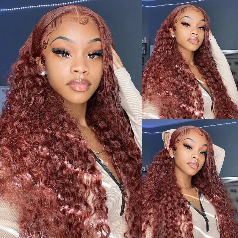 Auburn Reddish Brown Copper #33B Water Wave Curly 13x4 Lace Front Human Hair Wig