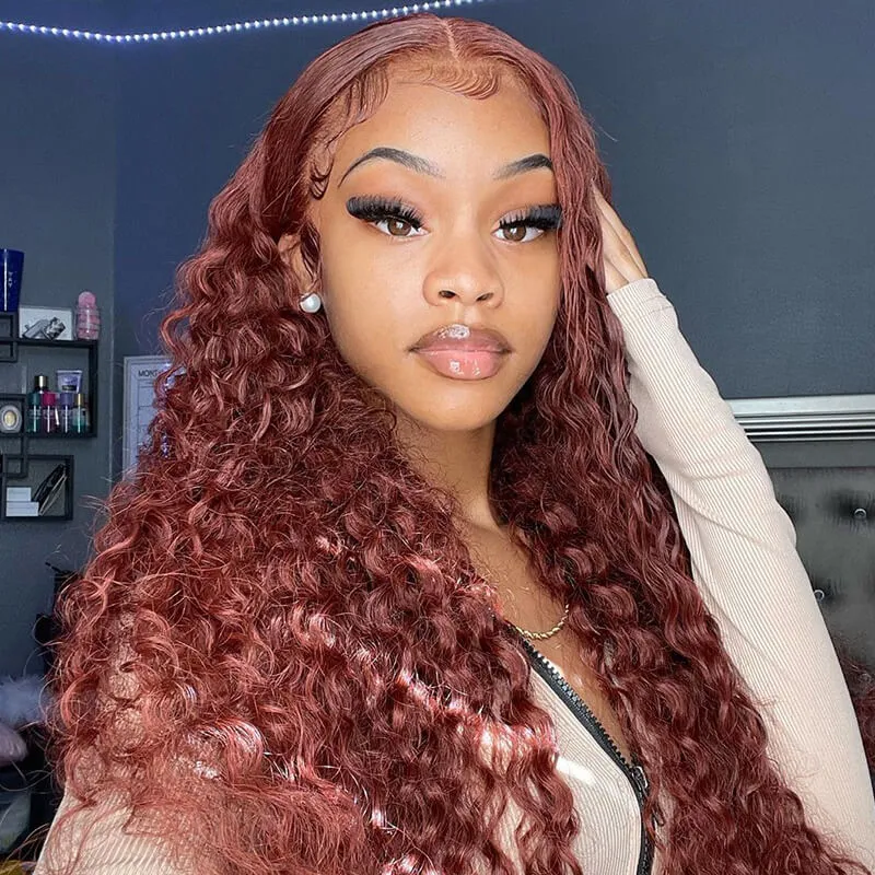 Auburn Reddish Brown Copper #33B Water Wave Curly 13x4 Lace Front Human Hair Wig