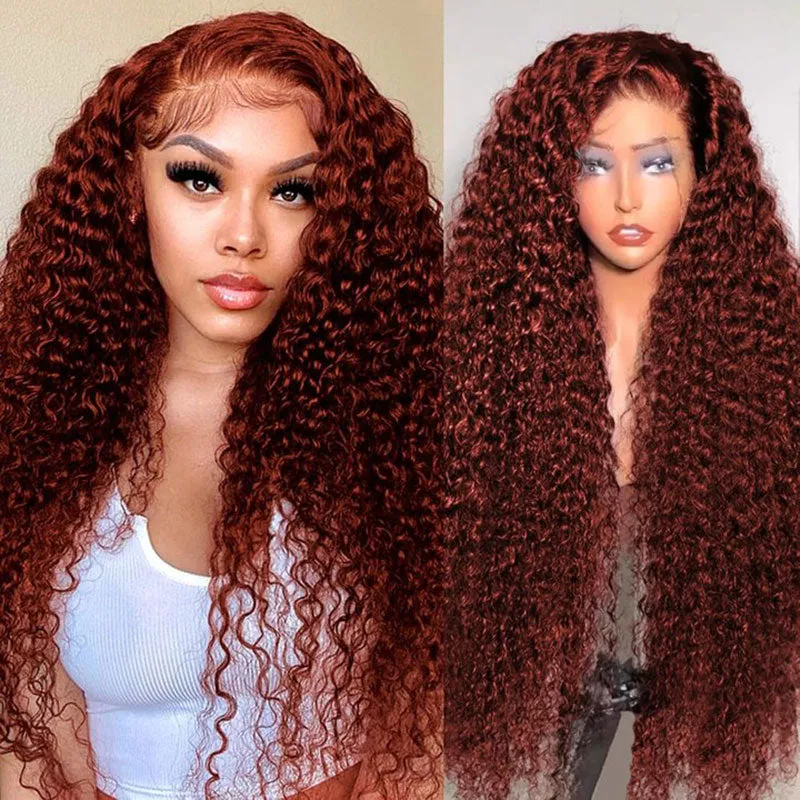 Auburn Reddish Brown Copper #33B Water Wave Curly 13x4 Lace Front Human Hair Wig