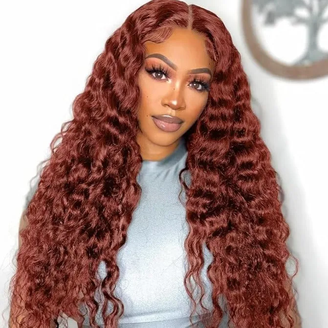 Auburn Reddish Brown Copper #33B Water Wave Curly 13x4 Lace Front Human Hair Wig