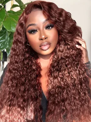 Auburn Reddish Brown Copper #33B Water Wave Curly 13x4 Lace Front Human Hair Wig