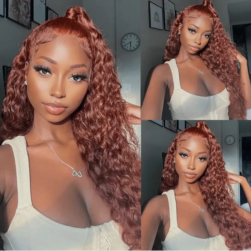 Auburn Reddish Brown Copper #33B Water Wave Curly 13x4 Lace Front Human Hair Wig