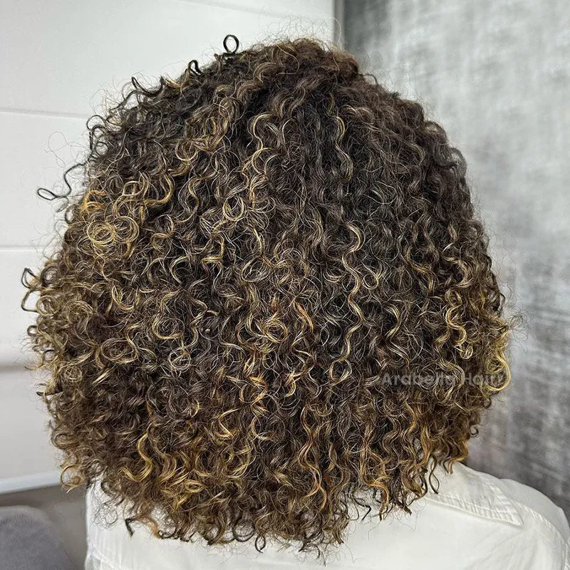 Balayage Highlight Colored Water Wave Curly Bob Human Hair Wig