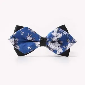 Banquet Flower Leaf Print Sharp-Angled Double-Deck Bow Tie - Blue